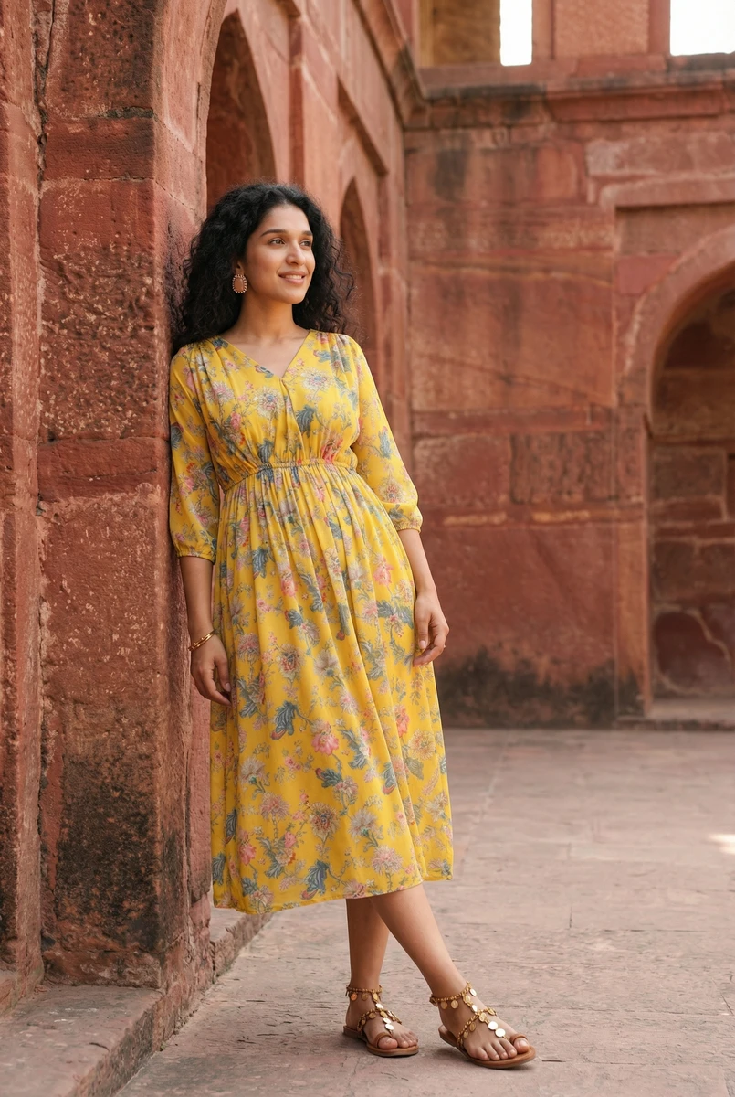 A woman leans against red sandstone archways wearing a yellow floral midi dress with a V-neck and sandals.