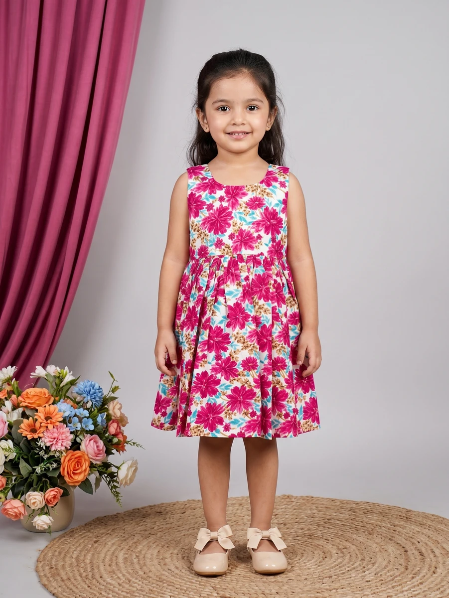 A young girl smiling while wearing a sleeveless pink floral dress and beige bow shoes.