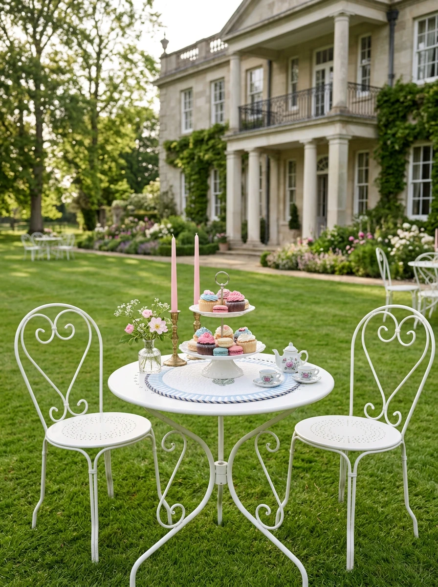 White metal bistro table and two chairs set up on a lawn in front of a grand manor house with cupcakes and tea.