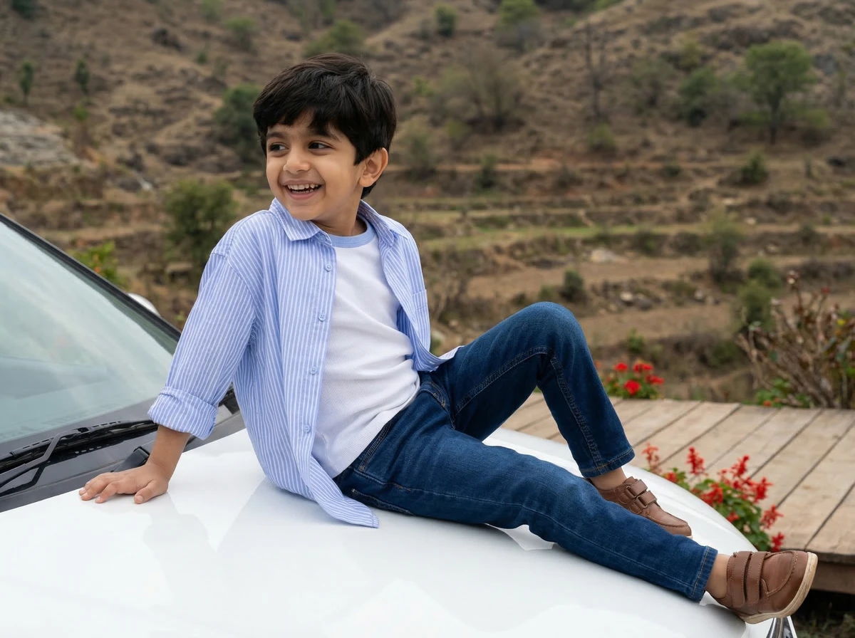 Young boy sitting on a white car hood wearing a blue and white striped shirt, white t-shirt, and blue jeans.