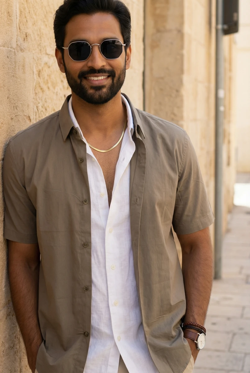 A smiling man wearing an open olive green short-sleeve shirt over a white shirt, sunglasses, and a gold chain.