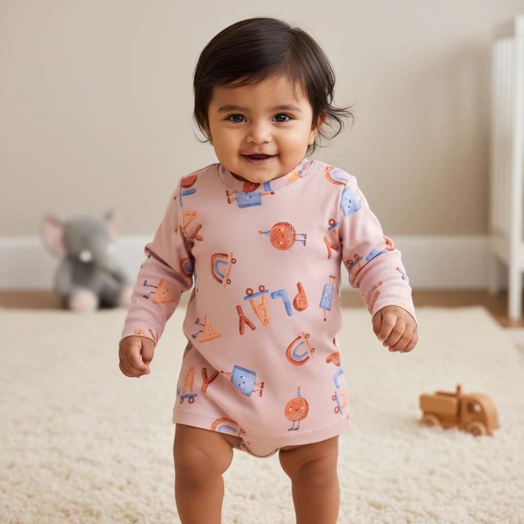 A smiling baby wearing a light pink long-sleeve cotton bodysuit with a colorful pattern of toy icons in a nursery.