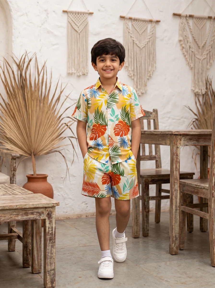 Young boy wearing a colorful tropical print short-sleeve shirt and matching shorts, standing indoors with rustic wooden furniture.