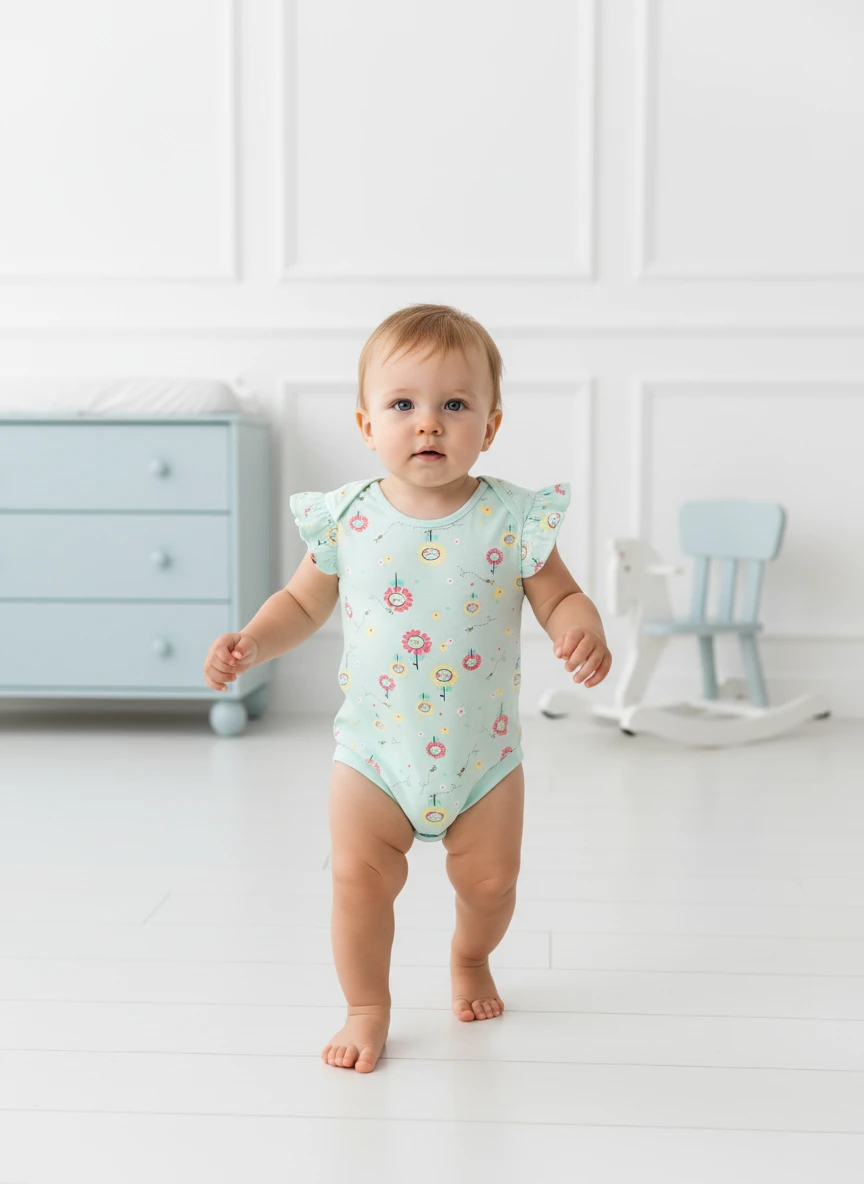 A toddler wearing a light green floral print bodysuit stands barefoot in a bright room with a blue dresser and a rocking horse.