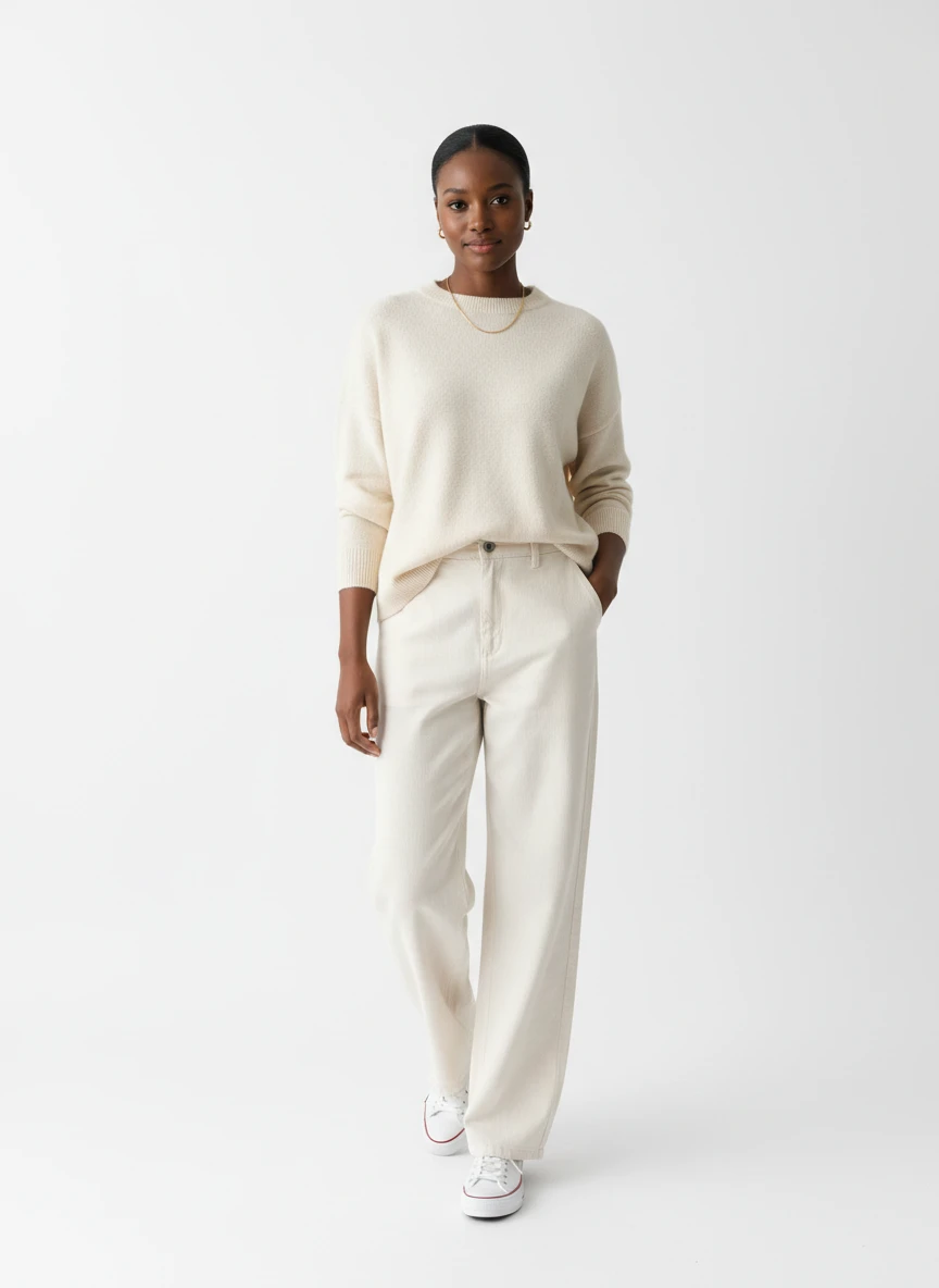 Model standing in a cream knit sweater and matching relaxed-fit pants against a plain white studio background.