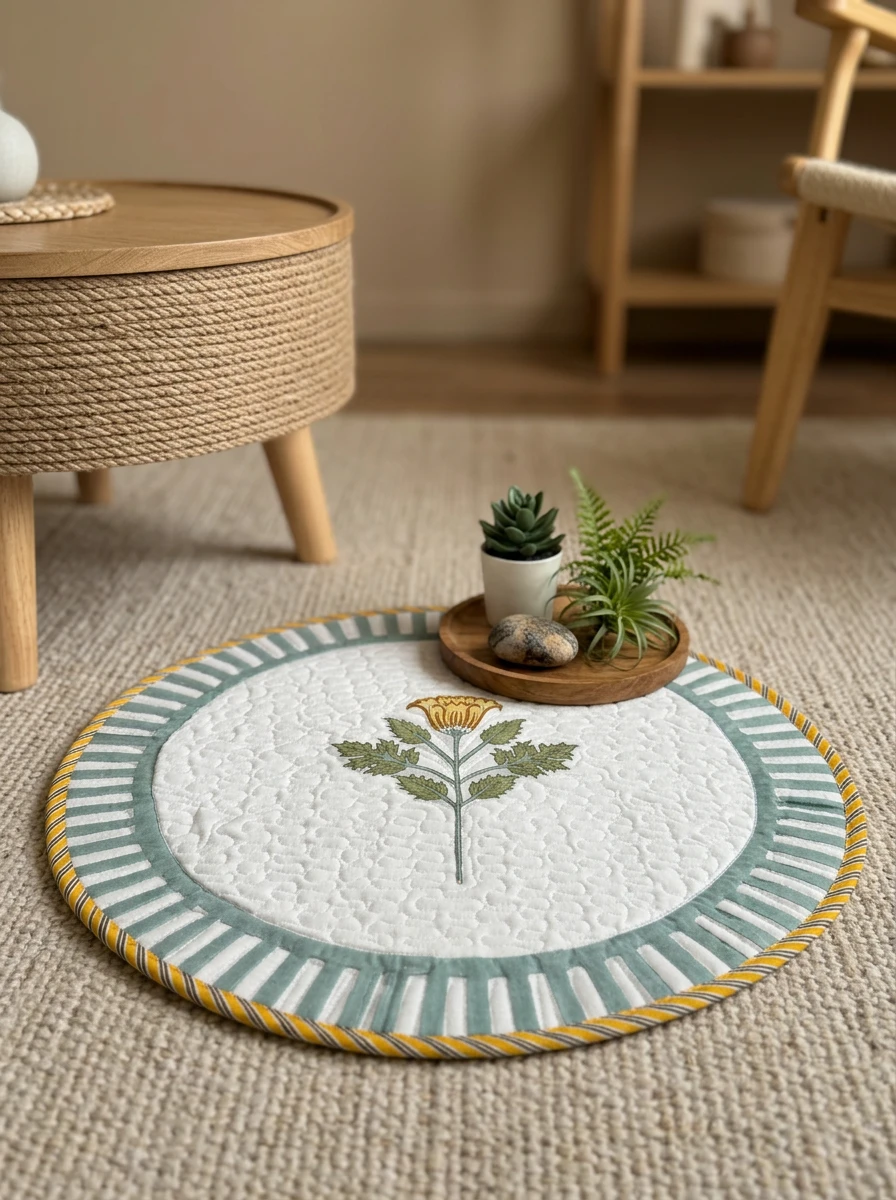 Round quilted home furnishings mat with floral motif, striped green border, and small plants on a tray.