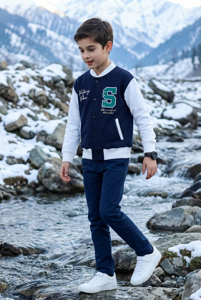 Boy wearing a navy and white varsity jacket and matching trousers, walking near a snowy stream.
