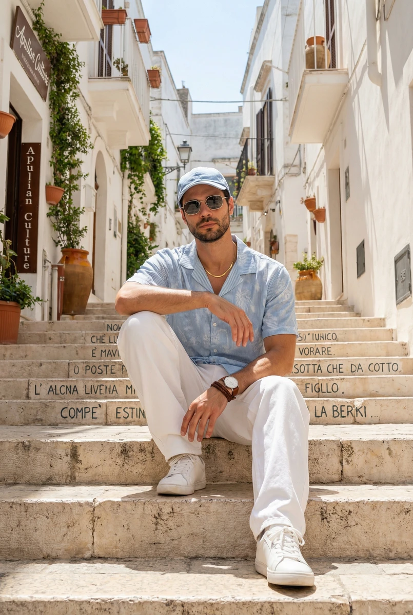 Man sitting on outdoor stone steps wearing a light blue patterned short-sleeve shirt, white trousers, cap, and sunglasses.
