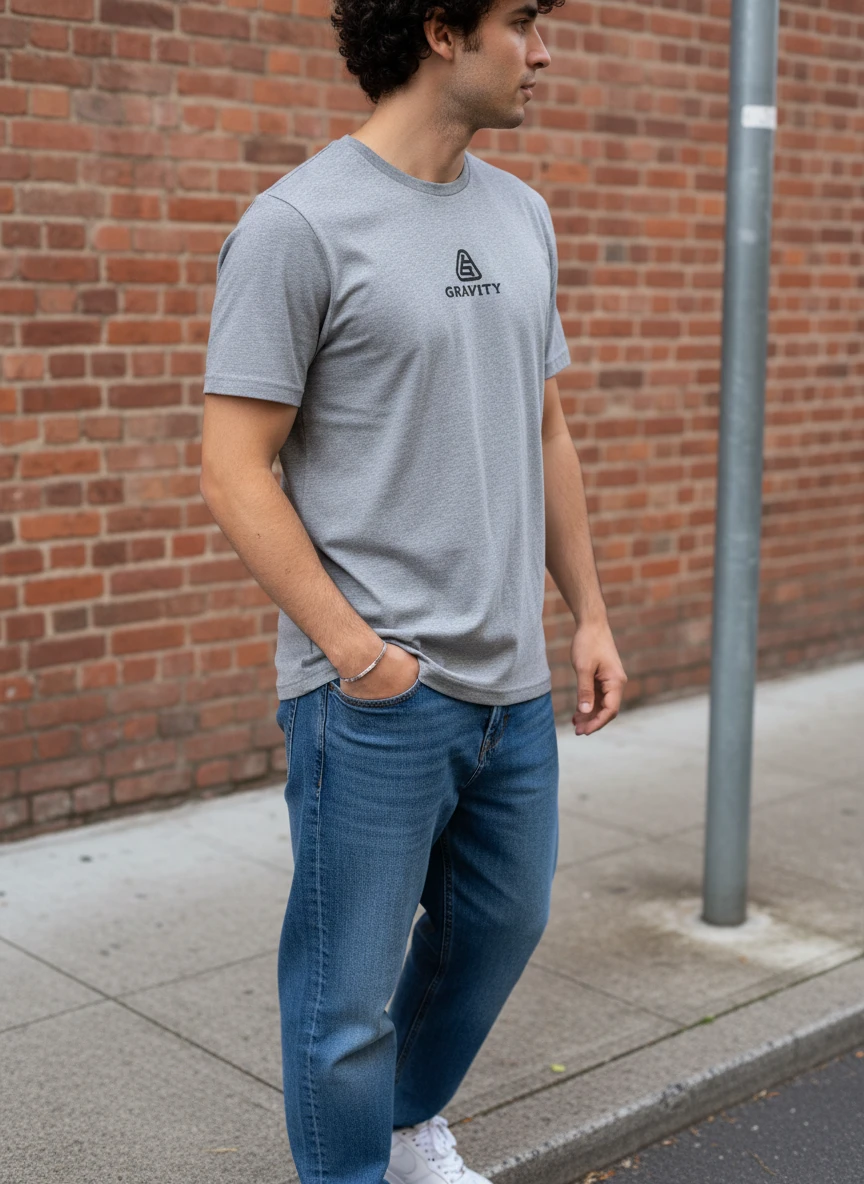 Man standing outdoors wearing a grey short-sleeve t-shirt with Gravity logo, blue jeans, and white sneakers against a brick wall.