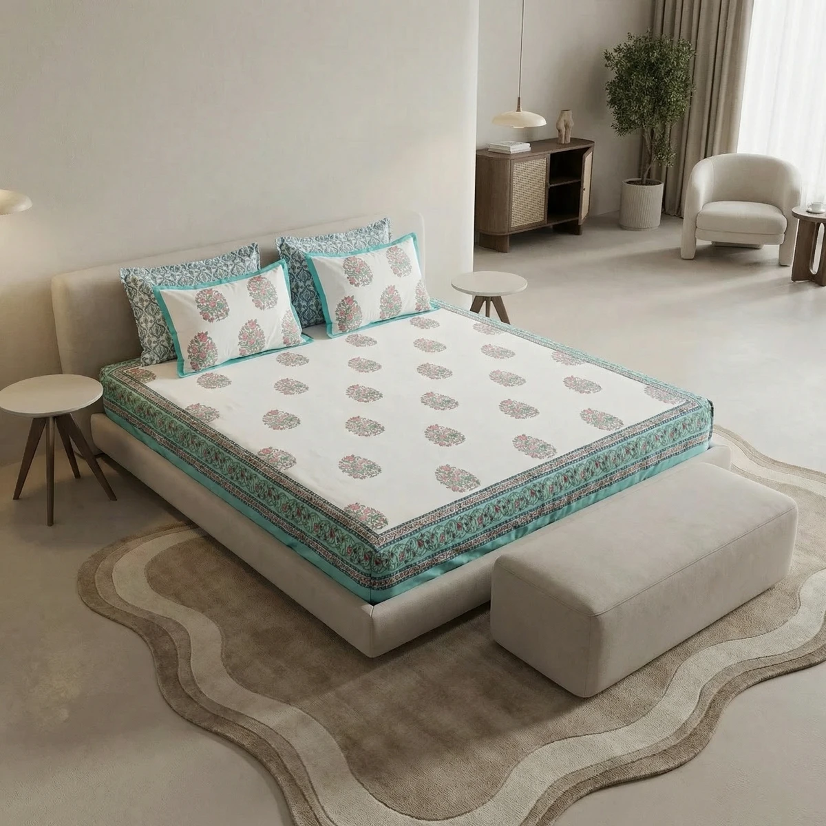 White bed sheets featuring a floral pattern and teal border in a modern bedroom.
