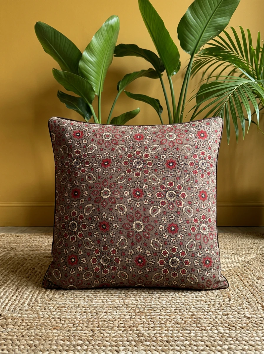 Brown cushion with red and cream geometric floral and paisley pattern on a jute rug.