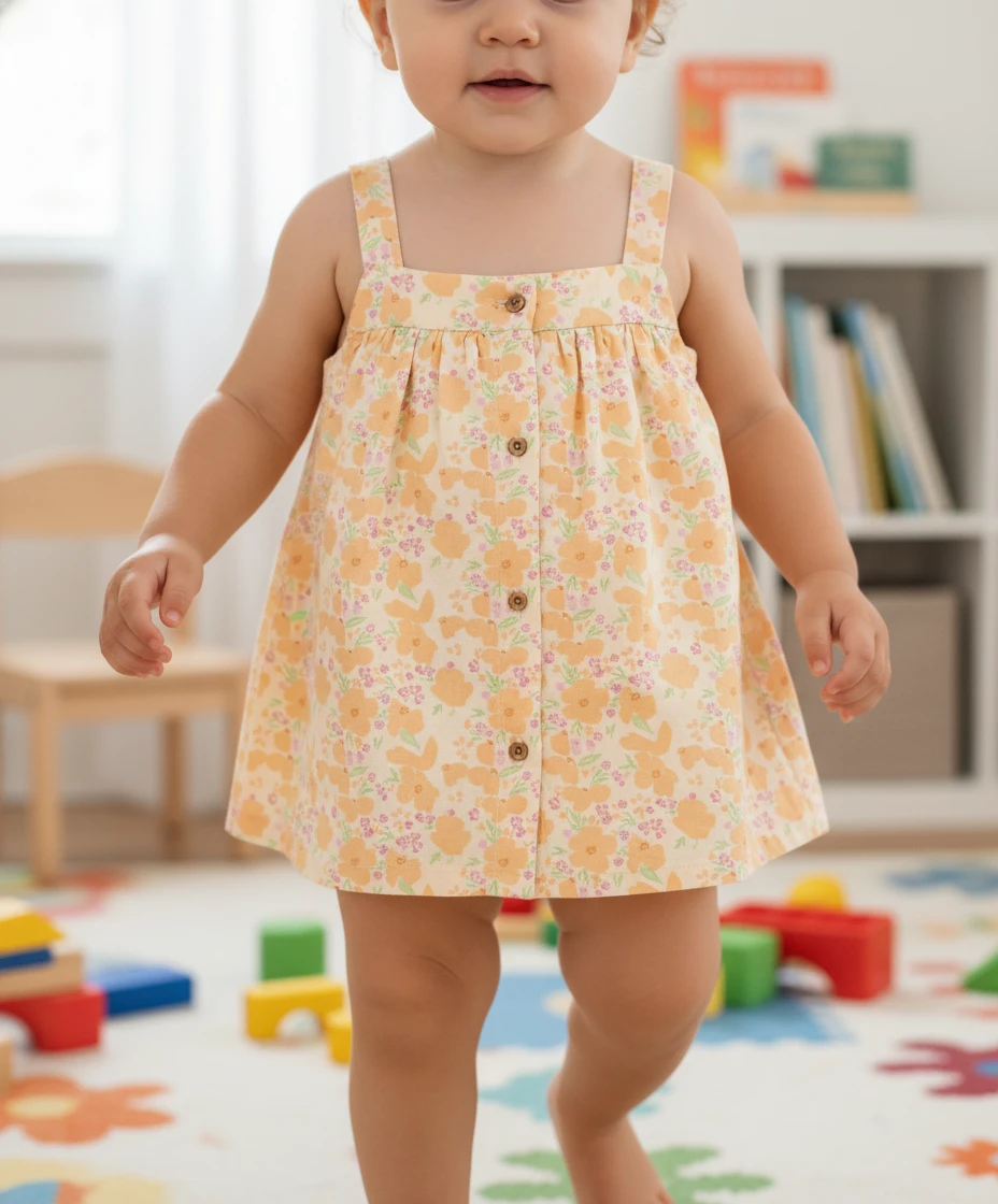 Toddler in a yellow floral print A-line dress with straps standing in a bright playroom.