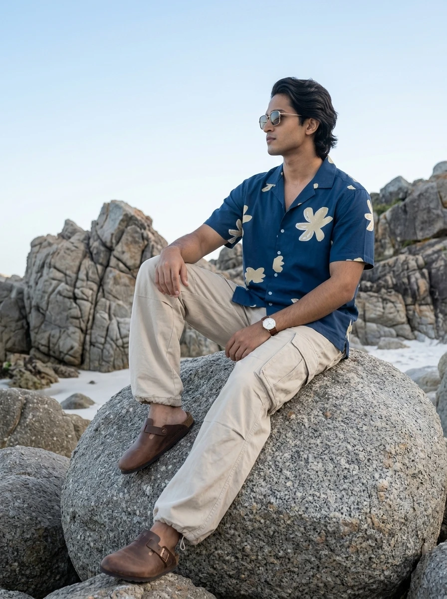 A man wearing a blue floral short-sleeve shirt and beige cargo pants sits on a boulder by the coast.