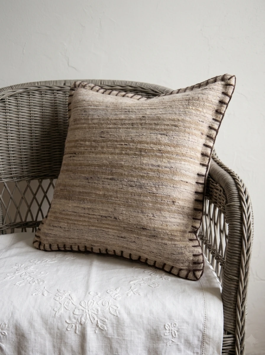 A beige striped cushion with dark brown whipstitch edges resting on a grey woven wicker chair over a white floral cloth.