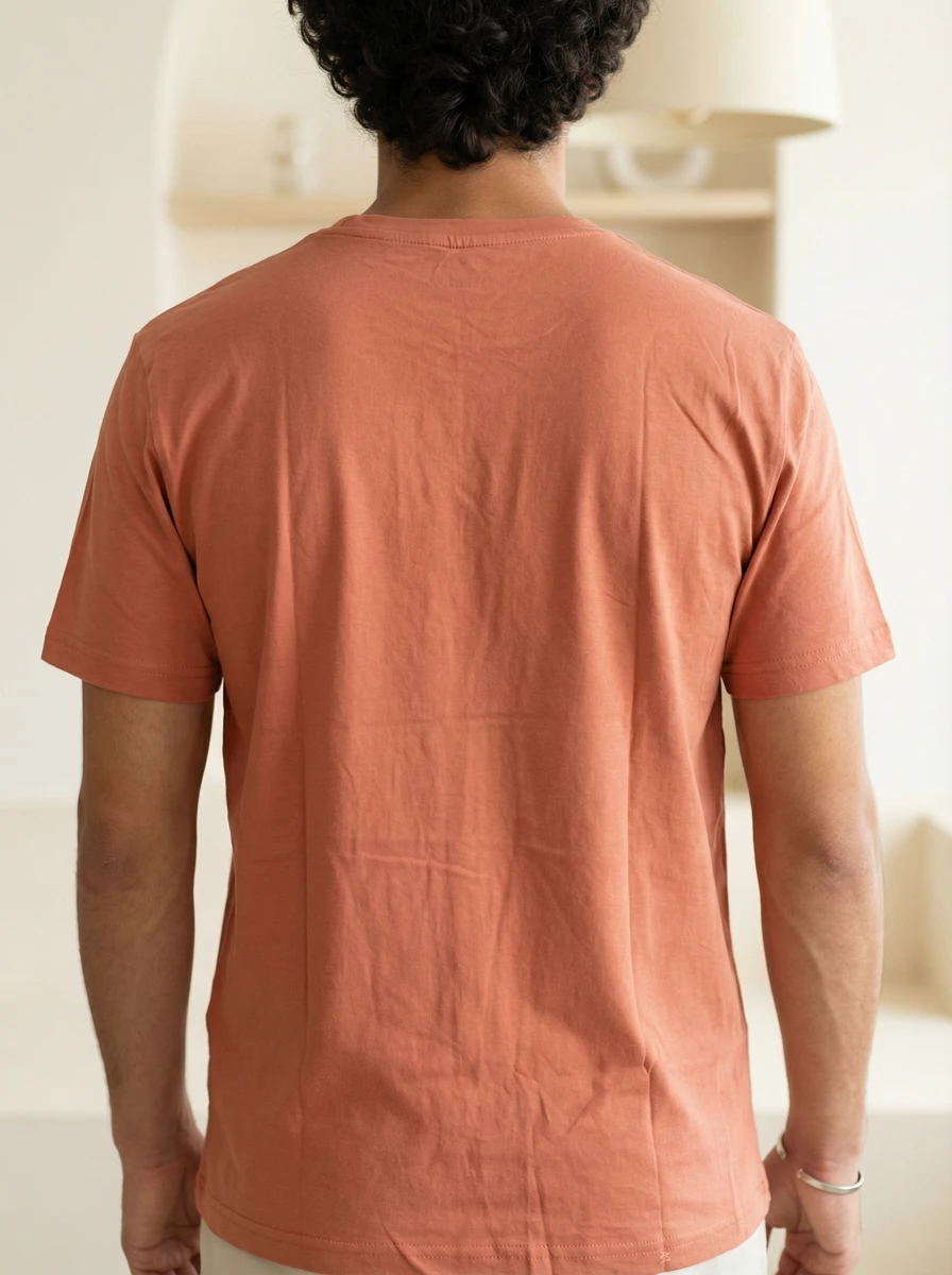 Rear view of a man wearing a plain terracotta cotton crewneck t-shirt in a bright indoor setting.