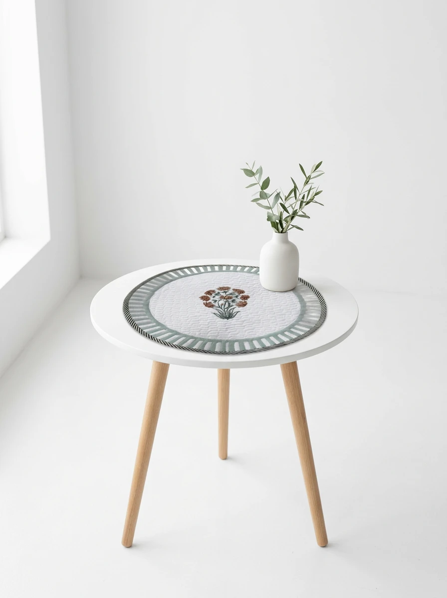 A round quilted Q home furnishings mat in green and white with floral embroidery on a white table.