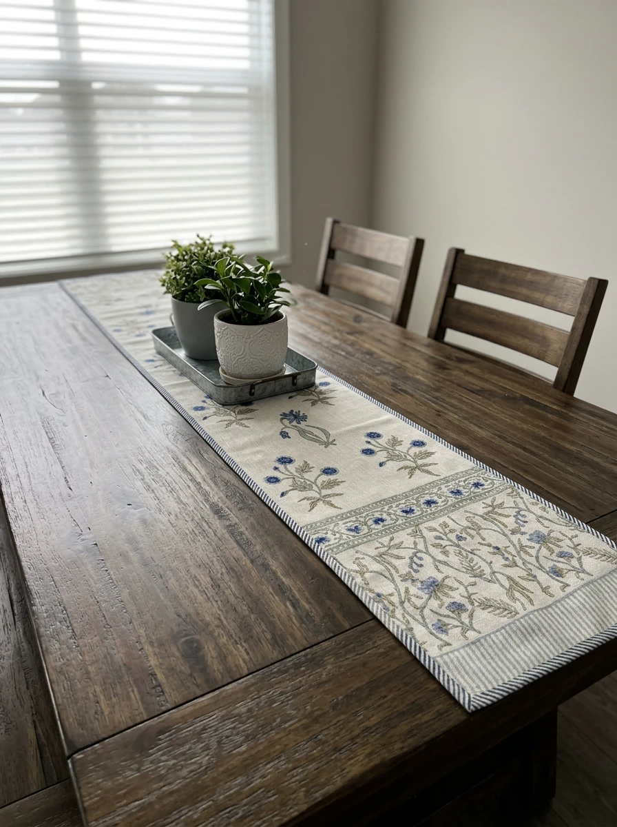 Cream table runner with blue and green floral print on a rustic dark wood dining table with potted plants.