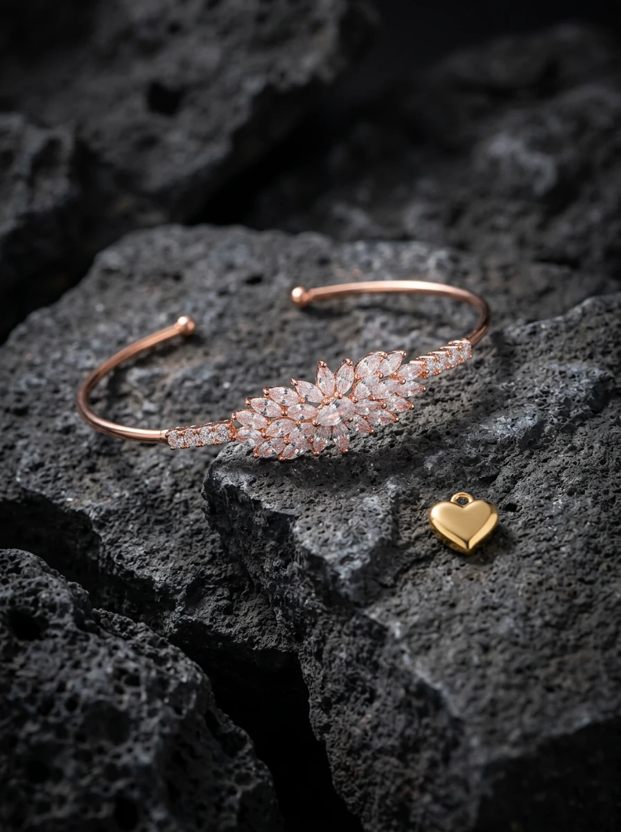Studio AI photoshoot of a crystal cuff bracelet on stone, for a bracelet brand selling on marketplaces