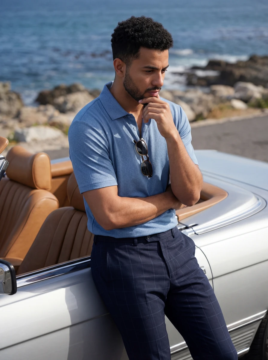 A man wearing a blue short-sleeve polo shirt and dark trousers leaning against a vintage convertible near the ocean.