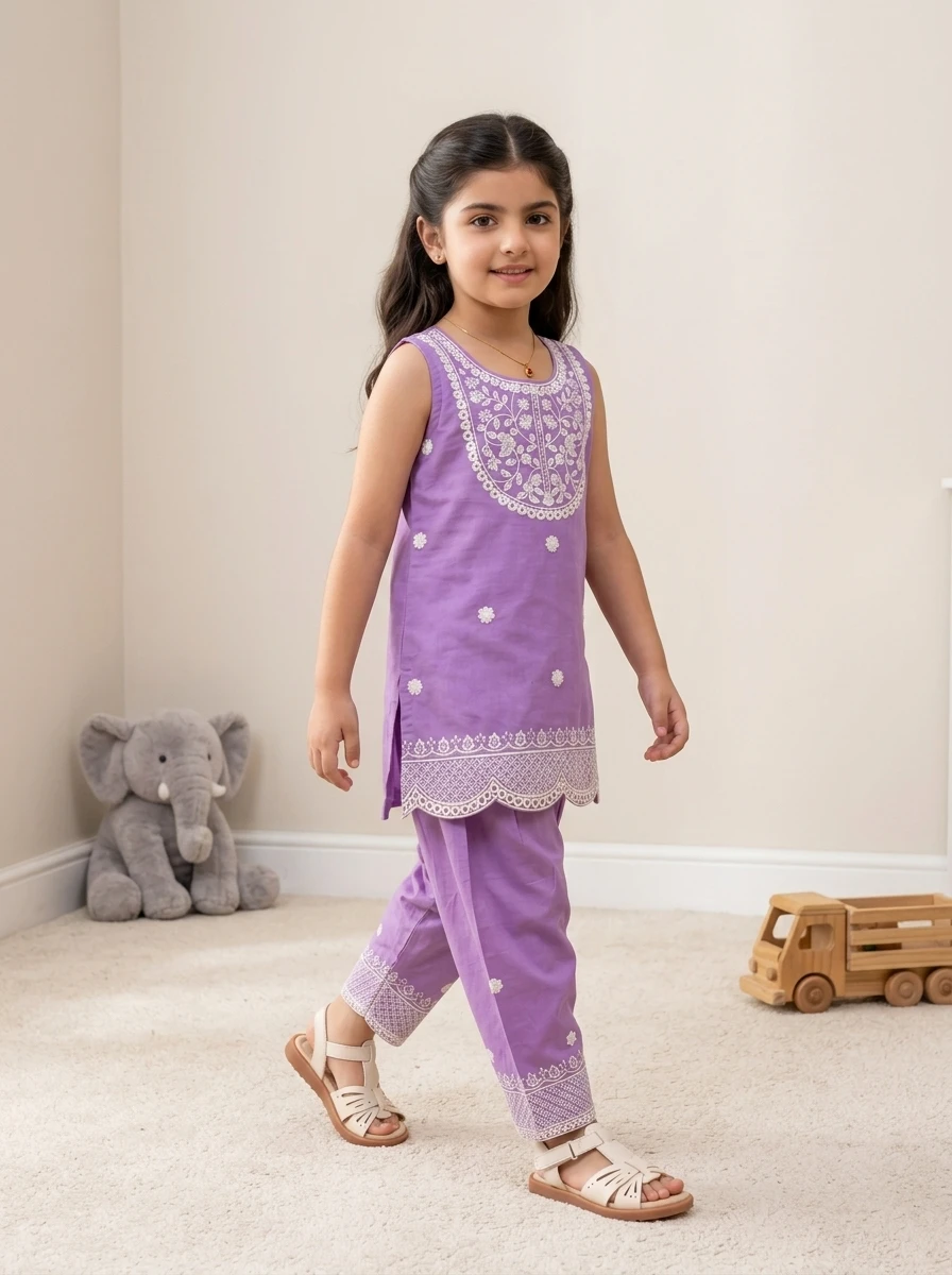 Young girl wearing a purple sleeveless tunic with white floral embroidery and matching cropped pants in a studio room.