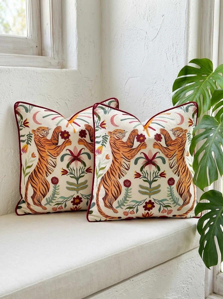 Two cream cushions featuring embroidered tigers and floral patterns with red piping.