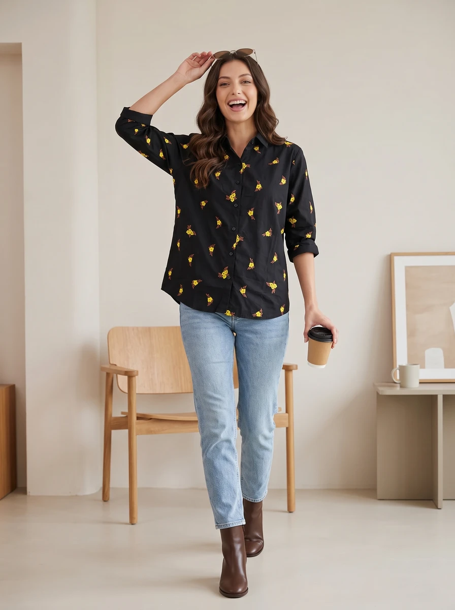 Woman wearing a black button-down shirt with yellow floral print, light blue jeans, and brown boots indoors.