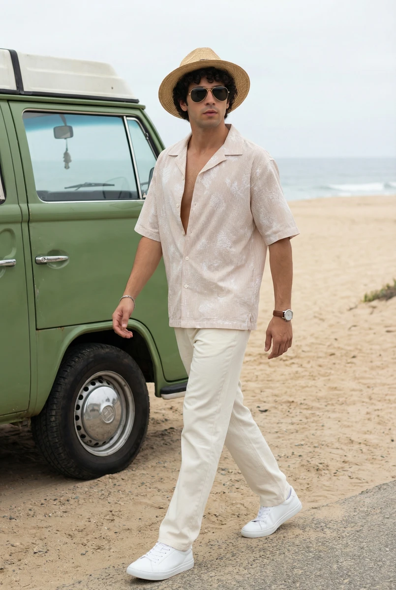 Male model wearing a short-sleeve patterned shirt and white trousers by a vintage green van near the beach.