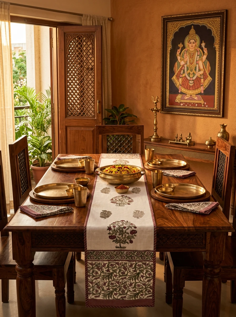 A decorated wooden dining table featuring a patterned table runner, brass plates, and matching cups in a warm interior setting.