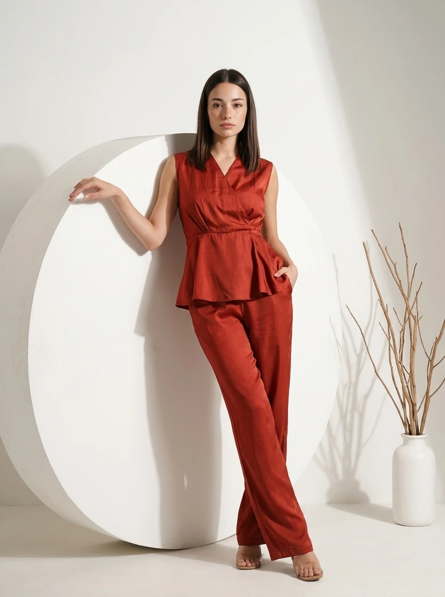 Woman wearing a rust-colored satin sleeveless wrap top and matching wide-leg trousers standing against a white backdrop.