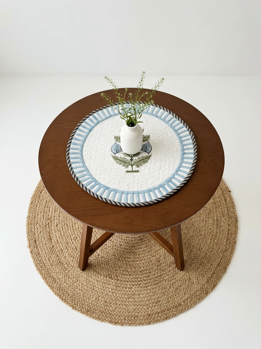 Round quilted table mat with blue and white stripes holding a small white vase on a dark wood table.