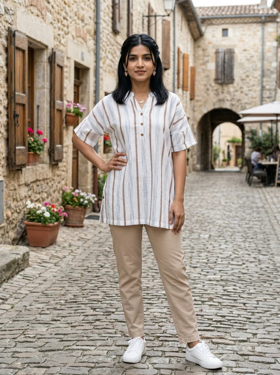 Woman standing on a cobblestone street wearing a striped tunic and beige trousers.