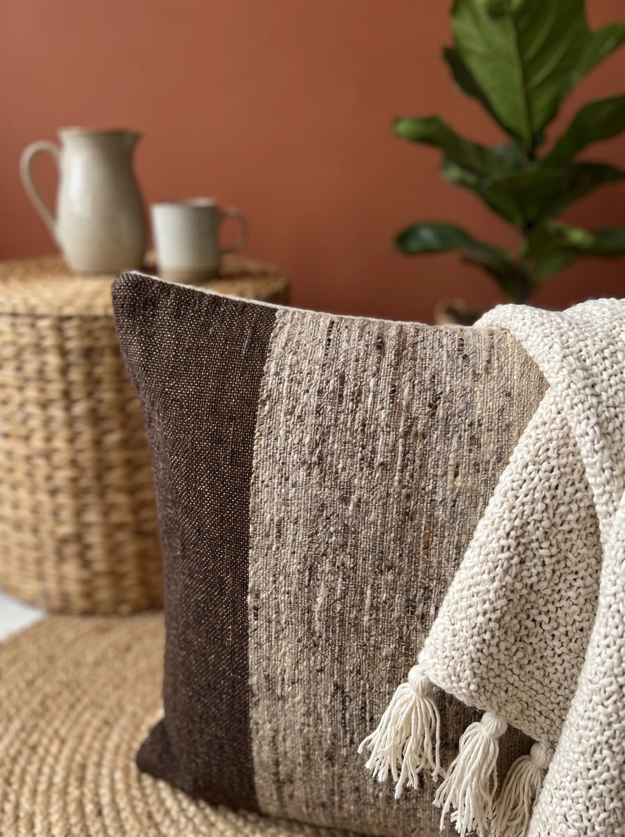 Textured brown and beige woven cushion with a cream knit throw blanket in a rustic interior setting.