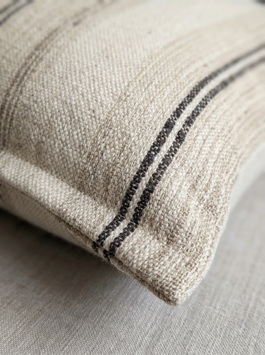 Close-up of a beige textured cushion with thin dark brown striped accents.