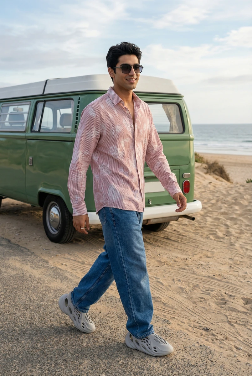 Man walking by a green vintage van at the beach wearing a pink patterned shirt and blue jeans.