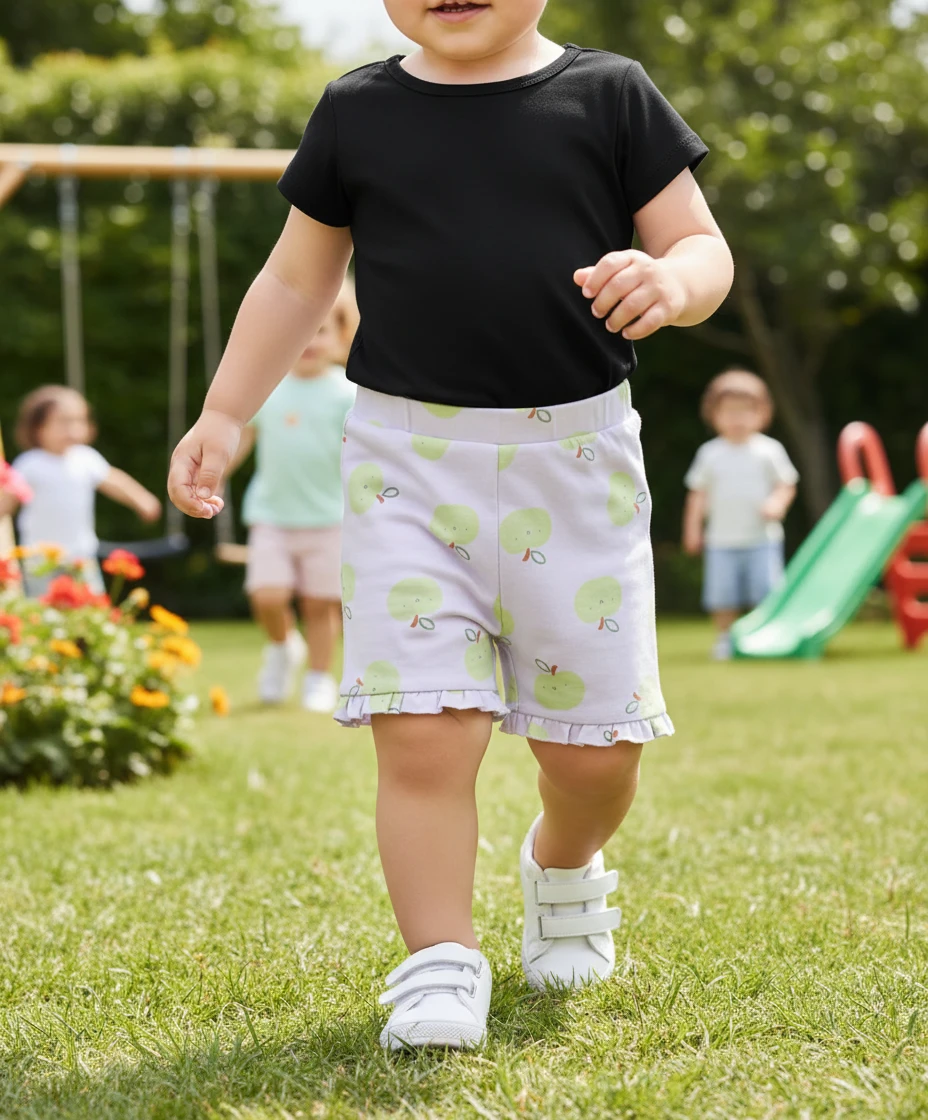 Toddler walking in a playground wearing a black t-shirt and light purple apple-print shorts.