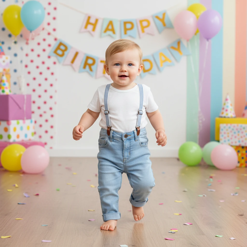 Toddler boy wearing a white t-shirt, light blue jeans, and blue striped suspenders at a birthday party with colorful balloons.