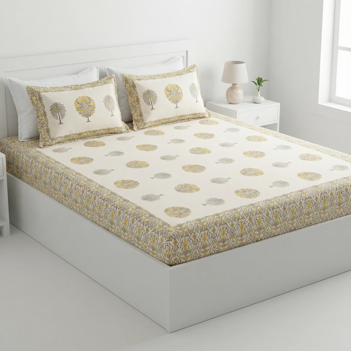 GARV white bed sheets with yellow and grey botanical and palm tree block prints on a bed in a bright bedroom.