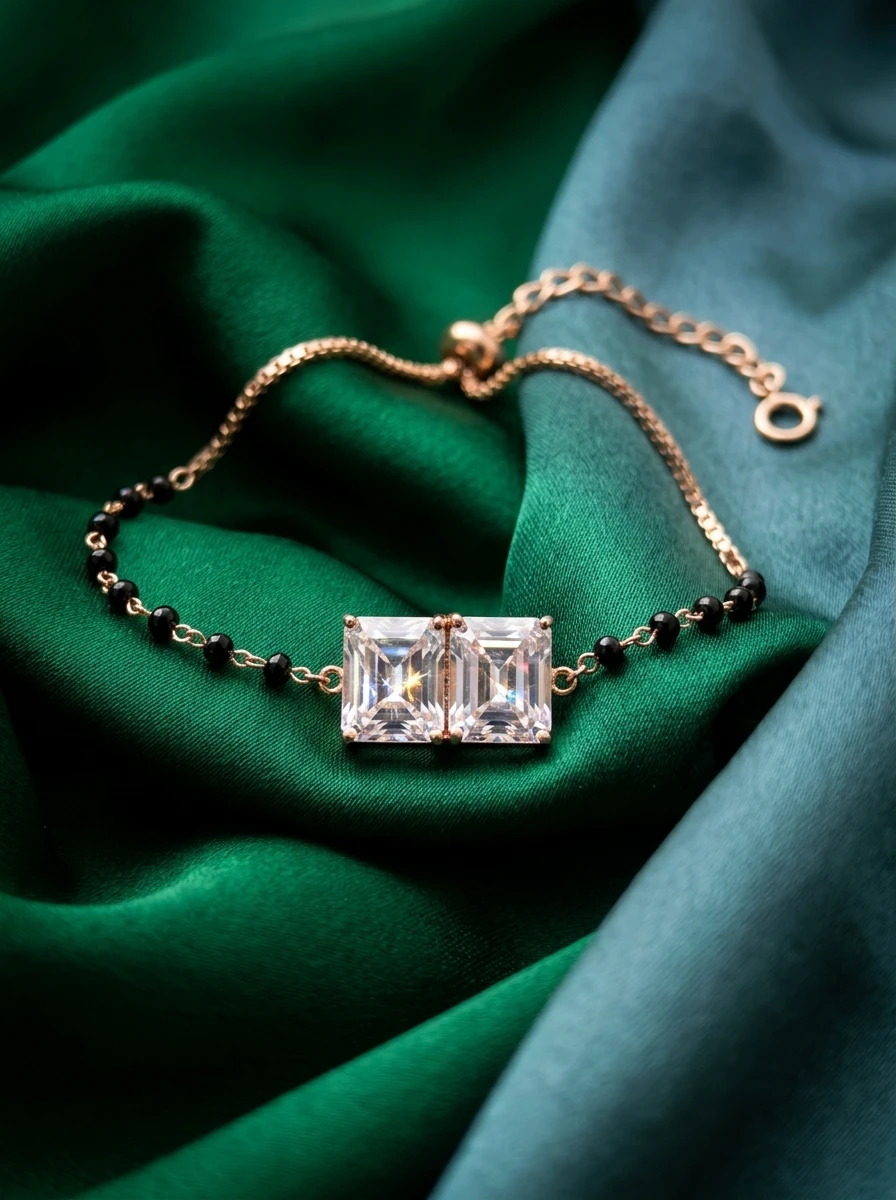 Studio AI photoshoot of a crystal bracelet on green fabric, for a bracelet brand selling on marketplaces