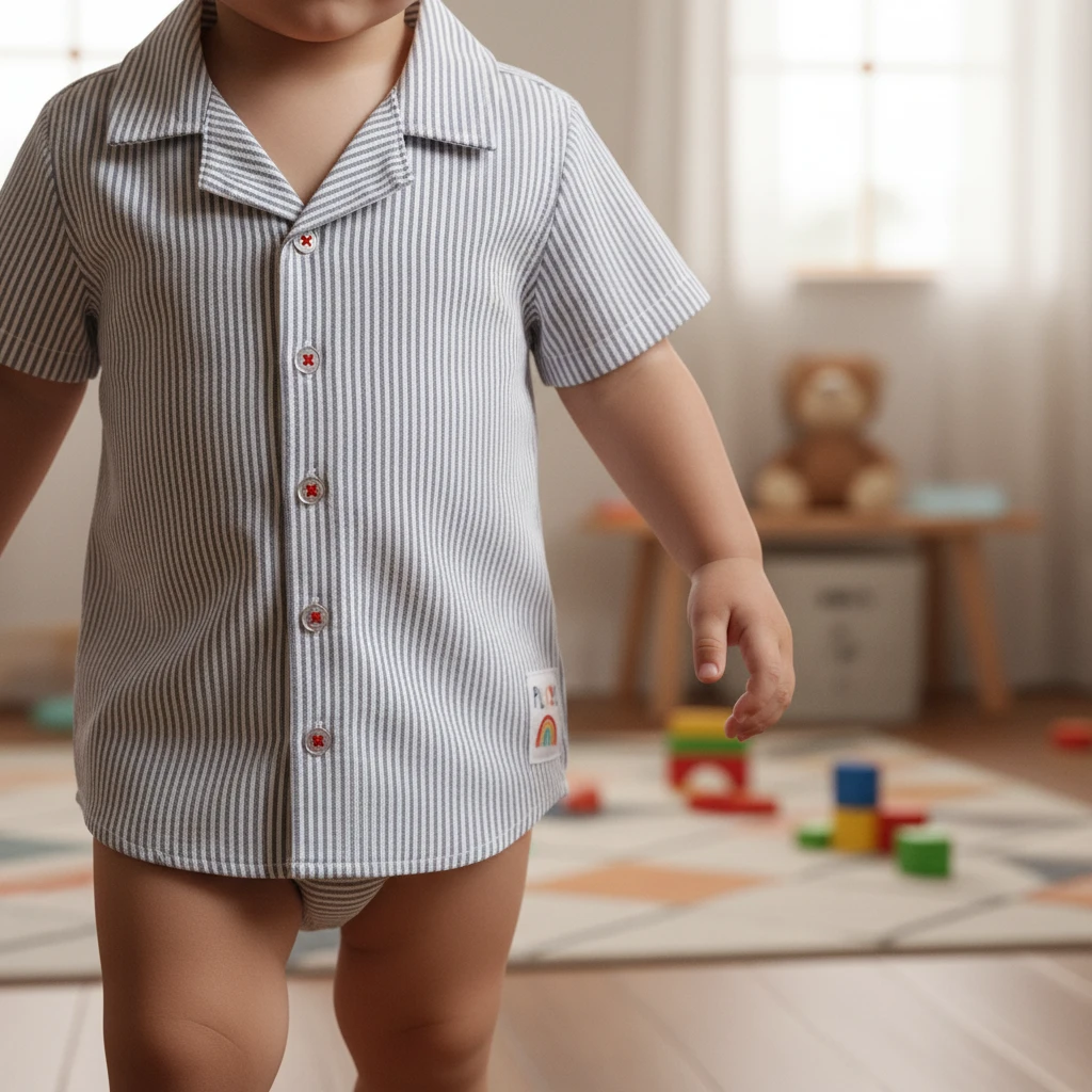 Toddler wearing a grey and white vertical striped short-sleeve collared shirt with red button details in a playroom.