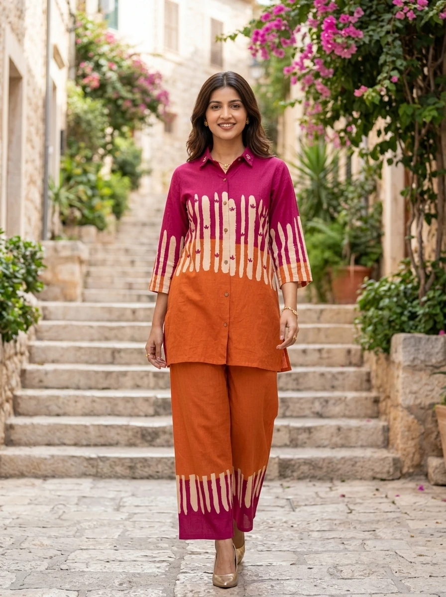 Woman wearing a fuchsia and orange two-piece apparel set walking down a stone staircase lined with flowers.