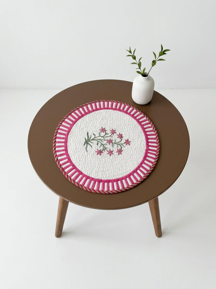 Quilted round placemat with pink floral embroidery and striped border centered on a brown wooden table.