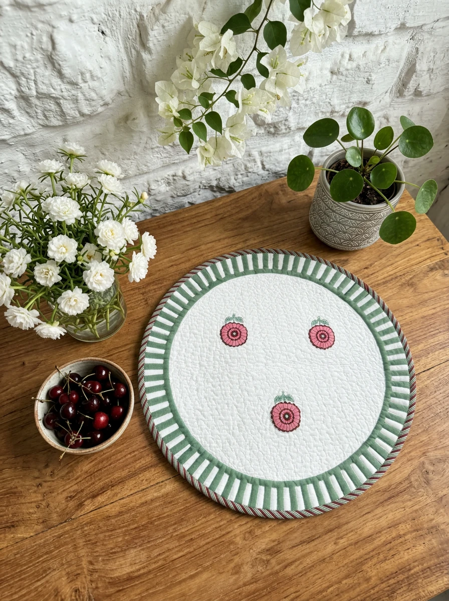 Round quilted placemat with green striped border and pink floral motifs on a wooden table.