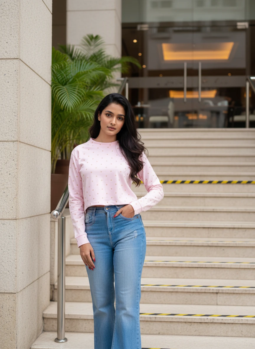 Woman wearing a pink patterned long-sleeve top and blue jeans, posing on outdoor stone steps.