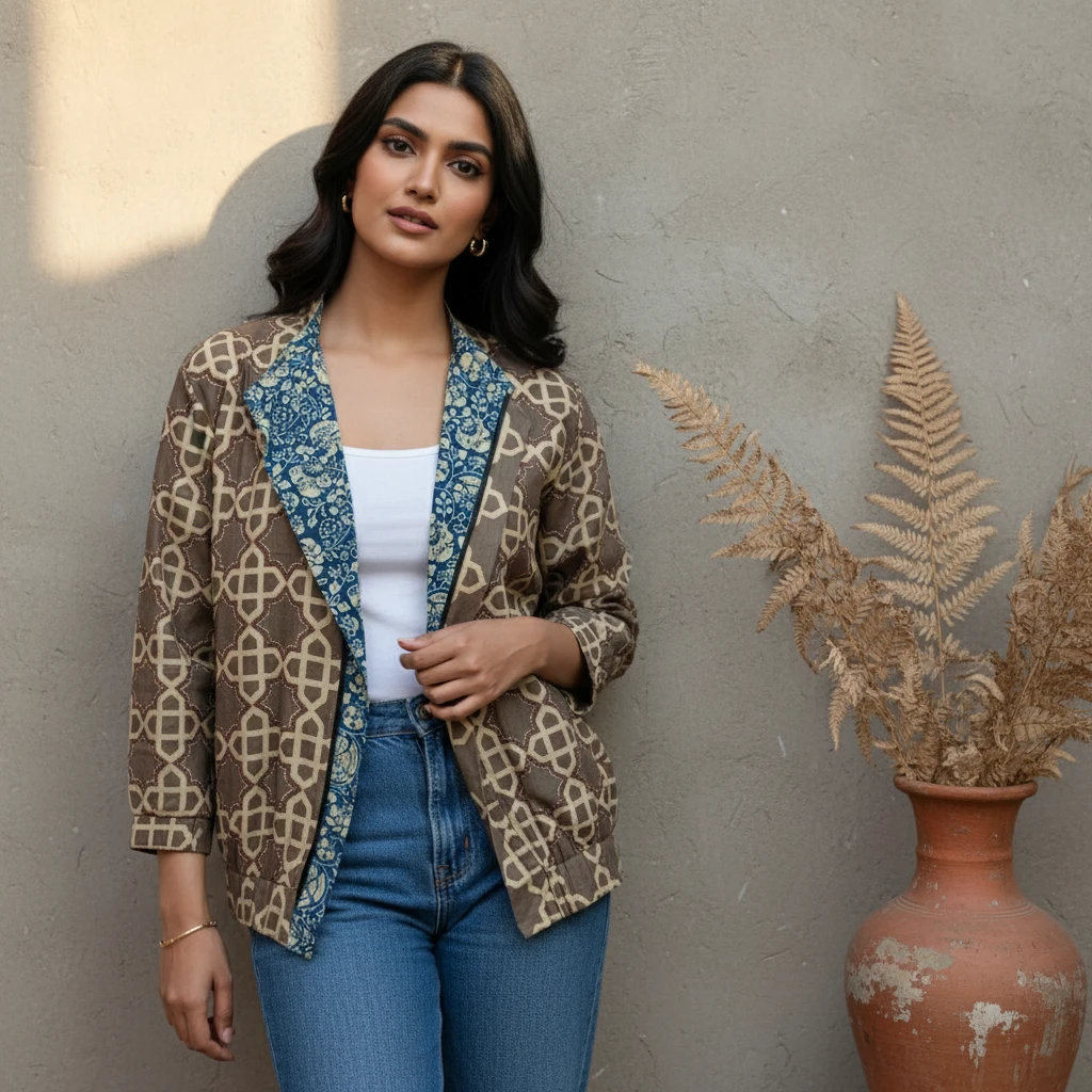 Woman wearing a patterned brown jacket over a white top and blue jeans against a textured wall.