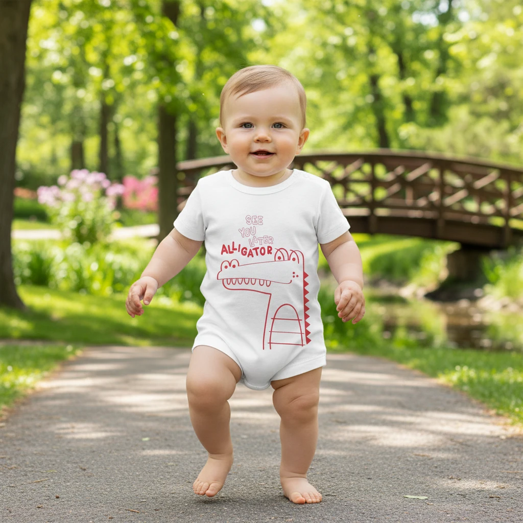Toddler walking on a park path wearing a white bodysuit with a red alligator graphic.
