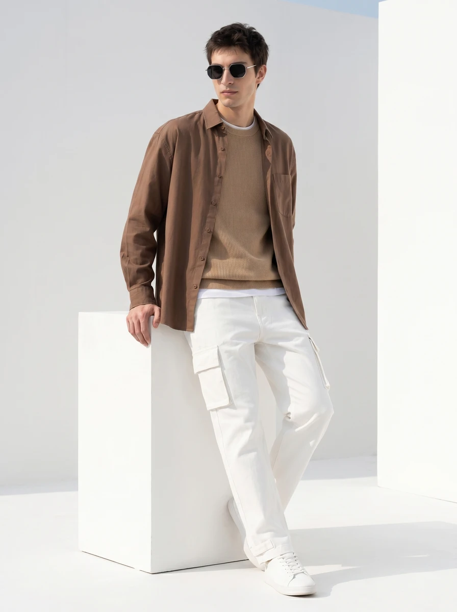 Man wearing a brown button-down shirt over a tan sweater and white cargo pants against a white studio background.