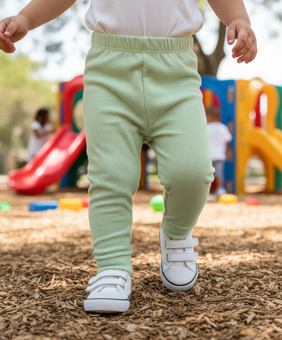Close-up of a child wearing light green ribbed leggings and white velcro sneakers at an outdoor playground.