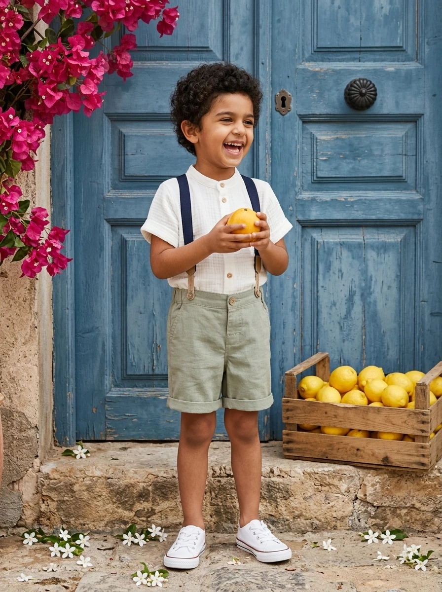 A laughing boy wears a white textured button-down shirt, navy suspenders, and olive green shorts, standing by a blue door.