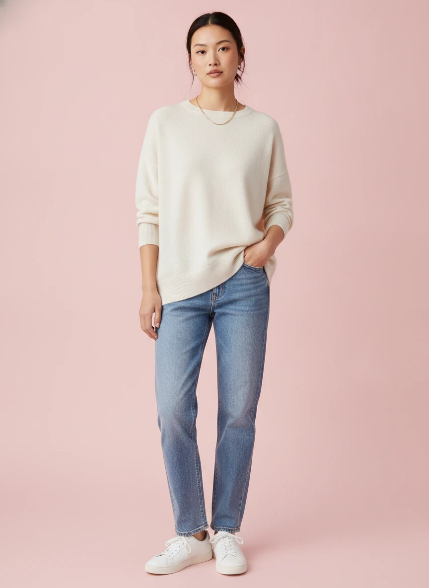 Asian woman wearing a cream sweater, blue jeans, and white sneakers against a pink studio background.