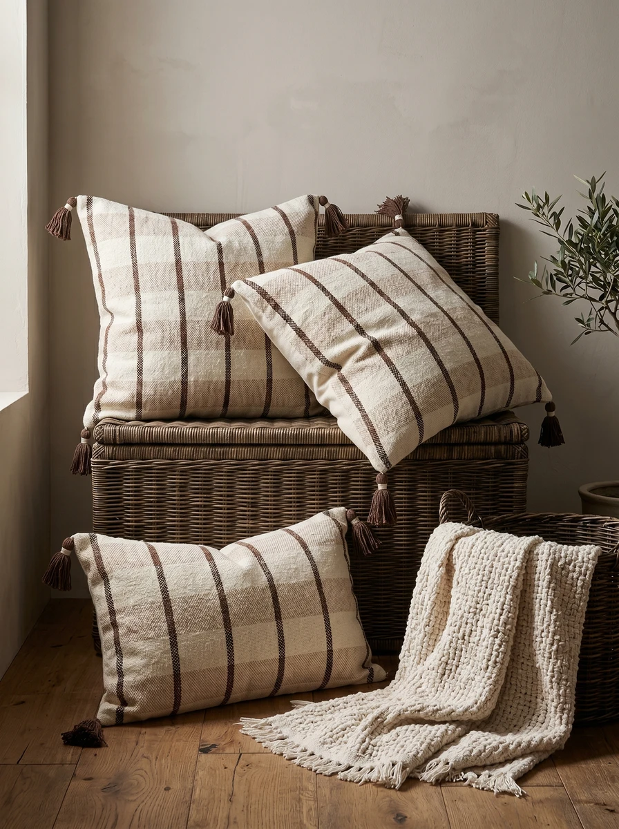 Three cream and brown striped cushions with tassels displayed on a wicker bench and wooden floor.